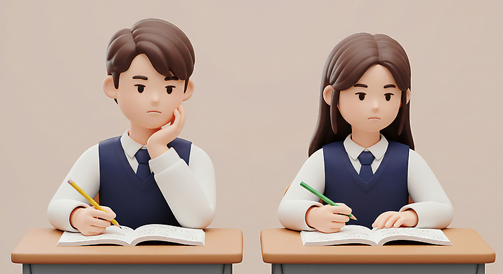 JPG 편집이미지 학생 여자 남자 교복 청소년 무표정 상반신 두명 학습 연필 3D 턱괴기 펼침 잡기 집중 책상 교과서 베이지색 십대만 편집3D AI컴퓨터그래픽 AI콘텐츠 옷 교육 감정 컬러 가구 컨셉 모션 학용품 교재 표정 사람 필기구 디지털합성 파일형식