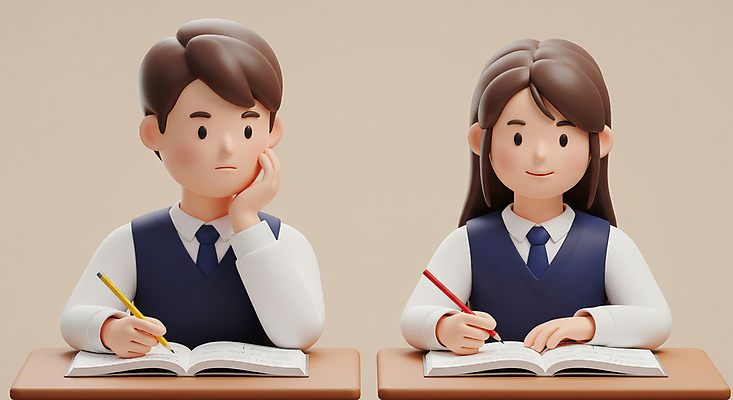 JPG 편집이미지 학생 여자 남자 교복 청소년 미소 상반신 두명 학습 연필 3D 턱괴기 펼침 잡기 집중 책상 교과서 베이지색 십대만 편집3D AI컴퓨터그래픽 AI콘텐츠 옷 교육 컬러 가구 컨셉 모션 학용품 교재 표정 사람 필기구 디지털합성 파일형식