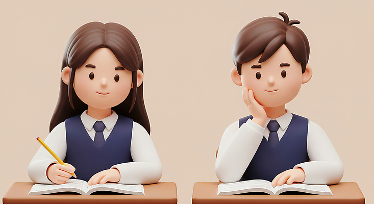 JPG 편집이미지 학생 여자 남자 교복 청소년 미소 상반신 두명 학습 연필 3D 턱괴기 펼침 잡기 집중 책상 교과서 베이지색 십대만 편집3D AI컴퓨터그래픽 AI콘텐츠 옷 교육 컬러 가구 컨셉 모션 학용품 교재 표정 사람 필기구 디지털합성 파일형식