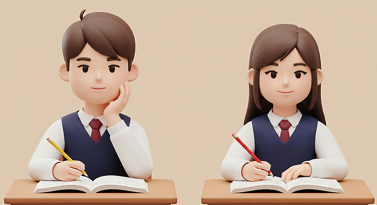 JPG 편집이미지 학생 여자 남자 교복 청소년 미소 상반신 두명 학습 연필 3D 턱괴기 펼침 잡기 집중 책상 교과서 베이지색 십대만 편집3D AI컴퓨터그래픽 AI콘텐츠 옷 교육 컬러 가구 컨셉 모션 학용품 교재 표정 사람 필기구 디지털합성 파일형식