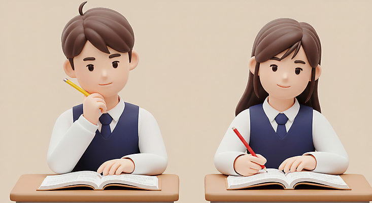 JPG 편집이미지 학생 여자 남자 교복 청소년 미소 상반신 두명 학습 연필 3D 펼침 잡기 집중 책상 교과서 베이지색 십대만 편집3D AI컴퓨터그래픽 AI콘텐츠 옷 교육 컬러 가구 컨셉 모션 학용품 교재 표정 사람 필기구 디지털합성 파일형식