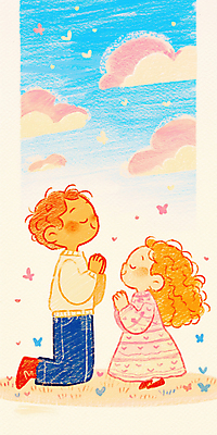 JPG 전신 구름 여자 남자 어린이 나비 일러스트 하늘 색연필 서기 미소 소녀 소년 두명 눈감음 희망 기도 무릎꿇기 어린이만 국내일러스트 AI일러스트 AI콘텐츠 자연요소 감정 곤충 모션 학용품 표정 사람 파일형식