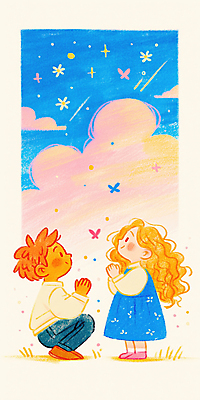 JPG 전신 구름 여자 남자 꽃 어린이 나비 일러스트 하늘 색연필 서기 미소 소녀 소년 두명 희망 올려보기 기도 웅크림 어린이만 국내일러스트 AI일러스트 AI콘텐츠 자연요소 식물 감정 곤충 모션 학용품 표정 사람 파일형식