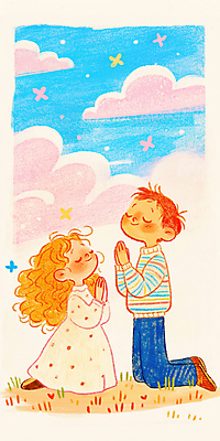 JPG 전신 구름 여자 남자 어린이 나비 일러스트 하늘 색연필 미소 소녀 소년 잔디 두명 눈감음 희망 기도 무릎꿇기 어린이만 국내일러스트 AI일러스트 AI콘텐츠 자연요소 식물 감정 곤충 모션 학용품 표정 사람 파일형식