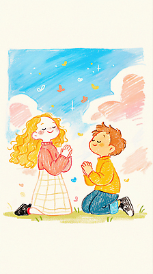 JPG 전신 구름 여자 남자 어린이 나비 일러스트 하늘 색연필 미소 소녀 소년 잔디 두명 눈감음 희망 기도 무릎꿇기 어린이만 국내일러스트 AI일러스트 AI콘텐츠 자연요소 식물 감정 곤충 모션 학용품 표정 사람 파일형식