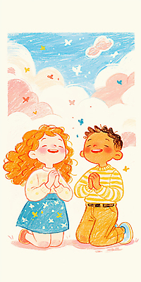 JPG 전신 구름 여자 남자 어린이 나비 일러스트 하늘 색연필 미소 소녀 소년 두명 눈감음 희망 기도 무릎꿇기 어린이만 국내일러스트 AI일러스트 AI콘텐츠 자연요소 감정 곤충 모션 학용품 표정 사람 파일형식