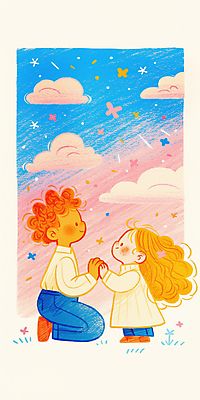 JPG 전신 구름 여자 남자 어린이 나비 일러스트 하늘 색연필 미소 소녀 소년 두명 손잡기 희망 무릎꿇기 어린이만 국내일러스트 AI일러스트 AI콘텐츠 자연요소 감정 곤충 모션 학용품 표정 사람 파일형식