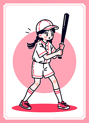 전신 여자 어린이 분홍색 일러스트 한명 들기 소녀 놀람 야구방망이 타자 스포츠캐릭터 야구모자 야구복 소녀한명만 일러캐릭터 AI파일 캐릭터 모자_잡화 1 감정 컬러 모션 표정 사람 운동복 야구 야구용품 야구선수 여자한명만 소녀만 파일형식 벡터