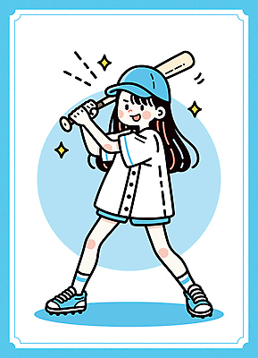 전신 여자 어린이 하늘색 일러스트 한명 미소 들기 소녀 반짝임 야구방망이 타자 스포츠캐릭터 야구모자 야구복 소녀한명만 일러캐릭터 AI파일 캐릭터 모자_잡화 1 모션 표정 사람 파란색 운동복 야구 야구용품 야구선수 여자한명만 소녀만 파일형식 벡터