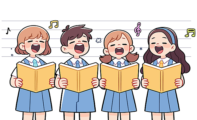 여자 남자 교복 어린이 음표 일러스트 들기 소녀 소년 여러명 눈감음 머리띠 악보 합창 어린이만 국내일러스트 AI파일 기호 옷 음악 다수 장신구 노래 모션 사람 파일형식 벡터
