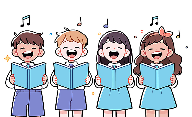 여자 남자 교복 어린이 음표 일러스트 들기 소녀 소년 여러명 반짝임 눈감음 머리띠 악보 합창 어린이만 국내일러스트 AI파일 기호 옷 음악 다수 장신구 노래 모션 사람 파일형식 벡터