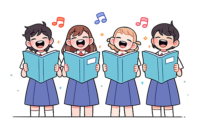 여자 교복 어린이 음표 일러스트 들기 소녀 여러명 반짝임 눈감음 악보 합창 소녀만 국내일러스트 AI파일 기호 옷 음악 다수 노래 모션 사람 여자만 어린이만 파일형식 벡터