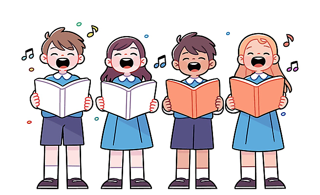 전신 여자 남자 교복 어린이 음표 일러스트 들기 소녀 소년 여러명 눈감음 악보 합창 어린이만 국내일러스트 AI파일 기호 옷 음악 다수 노래 모션 사람 파일형식 벡터