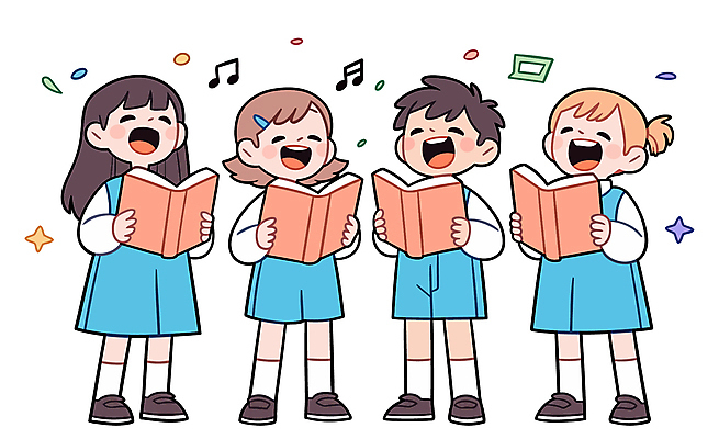전신 여자 남자 교복 어린이 음표 일러스트 들기 소녀 소년 여러명 반짝임 눈감음 악보 합창 어린이만 국내일러스트 AI파일 기호 옷 음악 다수 노래 모션 사람 파일형식 벡터
