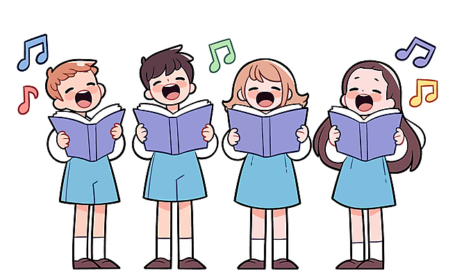 전신 여자 남자 교복 어린이 음표 일러스트 들기 소녀 소년 여러명 눈감음 악보 합창 어린이만 국내일러스트 AI파일 기호 옷 음악 다수 노래 모션 사람 파일형식 벡터