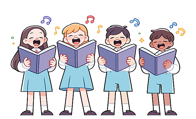 전신 여자 남자 교복 어린이 음표 일러스트 들기 소녀 소년 여러명 눈감음 악보 합창 어린이만 국내일러스트 AI파일 기호 옷 음악 다수 노래 모션 사람 파일형식 벡터