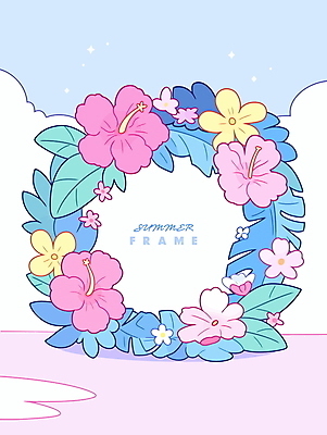 분홍색 하늘색 잎 일러스트 여름꽃 사람없음 반짝임 화환 꽃프레임 트로피컬아트 국내일러스트 AI파일 식물 꽃 컬러 모션 프레임 파란색 그림 파일형식 벡터 여름_계절
