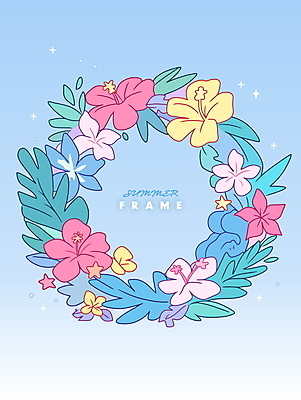하늘색 잎 일러스트 여름꽃 사람없음 반짝임 화환 꽃프레임 트로피컬아트 국내일러스트 AI파일 식물 꽃 모션 프레임 파란색 그림 파일형식 벡터 여름_계절