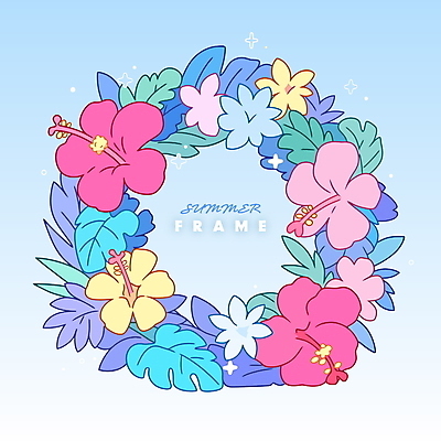 하늘색 잎 일러스트 여름꽃 사람없음 반짝임 화환 꽃프레임 트로피컬아트 국내일러스트 AI파일 식물 꽃 모션 프레임 파란색 그림 파일형식 벡터 여름_계절