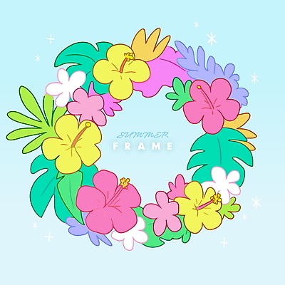 하늘색 잎 일러스트 여름꽃 사람없음 반짝임 화환 꽃프레임 트로피컬아트 국내일러스트 AI파일 식물 꽃 모션 프레임 파란색 그림 파일형식 벡터 여름_계절