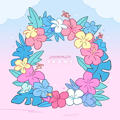 분홍색 하늘색 잎 일러스트 여름꽃 사람없음 반짝임 화환 꽃프레임 트로피컬아트 국내일러스트 AI파일 식물 꽃 컬러 모션 프레임 파란색 그림 파일형식 벡터 여름_계절