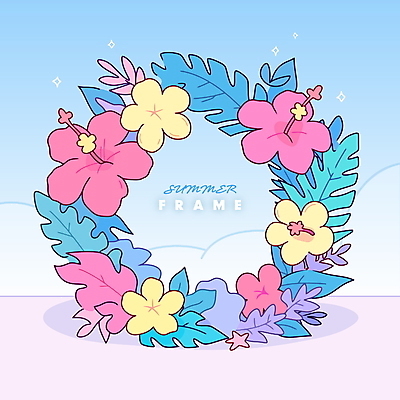 하늘색 잎 일러스트 여름꽃 사람없음 반짝임 화환 꽃프레임 트로피컬아트 국내일러스트 AI파일 식물 꽃 모션 프레임 파란색 그림 파일형식 벡터 여름_계절