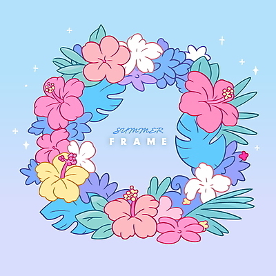 하늘색 잎 일러스트 여름꽃 사람없음 반짝임 화환 꽃프레임 트로피컬아트 국내일러스트 AI파일 식물 꽃 모션 프레임 파란색 그림 파일형식 벡터 여름_계절