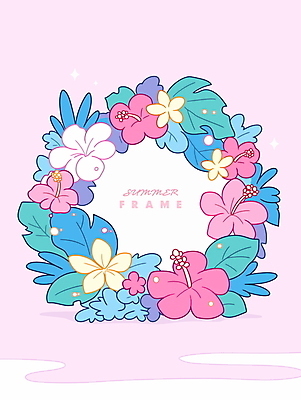 분홍색 잎 일러스트 여름꽃 사람없음 반짝임 화환 꽃프레임 트로피컬아트 국내일러스트 AI파일 식물 꽃 컬러 모션 프레임 그림 파일형식 벡터 여름_계절