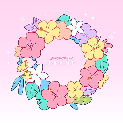 분홍색 잎 일러스트 여름꽃 사람없음 반짝임 화환 꽃프레임 트로피컬아트 국내일러스트 AI파일 식물 꽃 컬러 모션 프레임 그림 파일형식 벡터 여름_계절