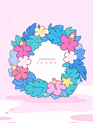 분홍색 잎 일러스트 여름꽃 사람없음 반짝임 화환 꽃프레임 트로피컬아트 국내일러스트 AI파일 식물 꽃 컬러 모션 프레임 그림 파일형식 벡터 여름_계절