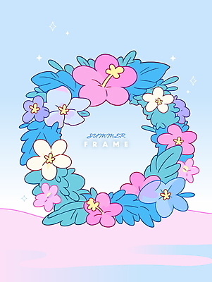 하늘색 잎 일러스트 여름꽃 사람없음 반짝임 화환 꽃프레임 트로피컬아트 국내일러스트 AI파일 식물 꽃 모션 프레임 파란색 그림 파일형식 벡터 여름_계절