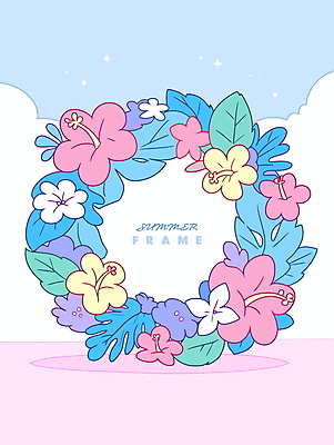 분홍색 하늘색 잎 일러스트 여름꽃 사람없음 반짝임 화환 꽃프레임 트로피컬아트 국내일러스트 AI파일 식물 꽃 컬러 모션 프레임 파란색 그림 파일형식 벡터 여름_계절