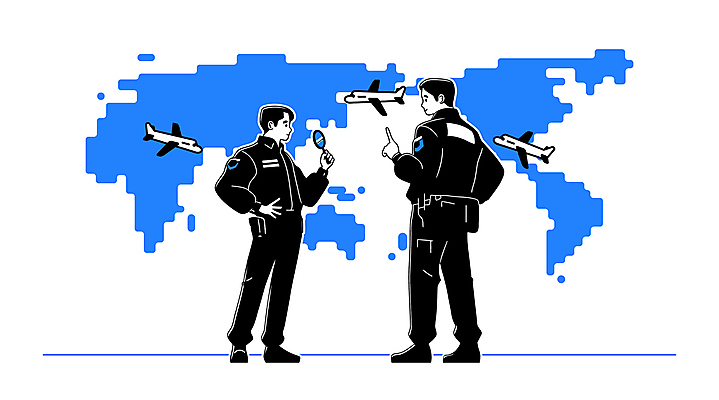 전신 남자 허리손 유니폼 세계지도 일러스트 돋보기 비행기 들기 경비 성인 두명 파란색 손들기 보안 성인남자만 검색대 세관 국내일러스트 AI파일 옷 컬러 포즈 지도 항공교통 모션 대중교통 안전 사람 세계 보호 공항 남자만 성인만 파일형식 벡터 관세청