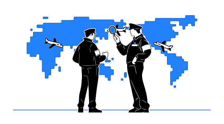 전신 남자 유니폼 세계지도 일러스트 돋보기 비행기 들기 경비 성인 두명 파란색 손들기 보안 성인남자만 검색대 세관 국내일러스트 AI파일 옷 컬러 지도 항공교통 모션 대중교통 안전 사람 세계 보호 공항 남자만 성인만 파일형식 벡터 관세청