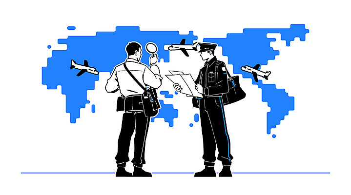 전신 모자 남자 유니폼 세계지도 일러스트 돋보기 비행기 들기 경비 성인 두명 파란색 문서 보안 크로스백 성인남자만 검색대 세관 국내일러스트 AI파일 잡화 옷 컬러 지도 가방 항공교통 모션 대중교통 안전 사람 세계 보호 공항 남자만 성인만 파일형식 벡터 관세청