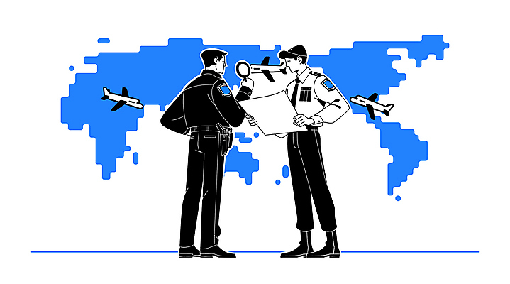 전신 모자 남자 허리손 유니폼 세계지도 일러스트 돋보기 비행기 들기 경비 성인 두명 파란색 문서 보안 성인남자만 검색대 세관 국내일러스트 AI파일 잡화 옷 컬러 포즈 지도 항공교통 모션 대중교통 안전 사람 세계 보호 공항 남자만 성인만 파일형식 벡터 관세청