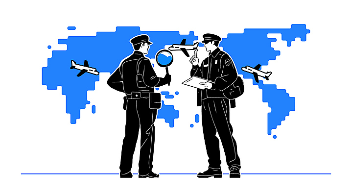 전신 남자 허리손 유니폼 세계지도 일러스트 돋보기 비행기 들기 경비 성인 두명 파란색 손들기 문서 보안 크로스백 성인남자만 검색대 세관 국내일러스트 AI파일 옷 컬러 포즈 지도 가방 항공교통 모션 대중교통 안전 사람 세계 보호 공항 남자만 성인만 파일형식 벡터 관세청