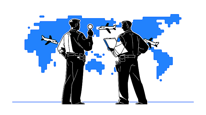 전신 남자 허리손 유니폼 세계지도 일러스트 돋보기 비행기 들기 경비 성인 두명 파란색 문서 보안 성인남자만 검색대 세관 국내일러스트 AI파일 옷 컬러 포즈 지도 항공교통 모션 대중교통 안전 사람 세계 보호 공항 남자만 성인만 파일형식 벡터 관세청