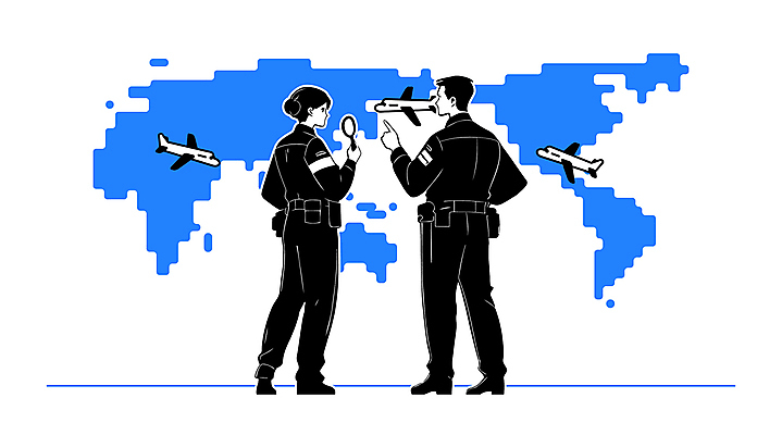 전신 여자 남자 허리손 유니폼 세계지도 일러스트 돋보기 비행기 들기 경비 성인 두명 파란색 손들기 가리킴 보안 성인만 검색대 세관 국내일러스트 AI파일 옷 컬러 포즈 지도 항공교통 모션 대중교통 안전 사람 손짓 세계 보호 공항 파일형식 벡터 관세청