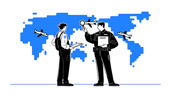 전신 여자 남자 유니폼 세계지도 일러스트 돋보기 비행기 들기 경비 성인 두명 파란색 문서 보안 백팩 성인만 검색대 세관 국내일러스트 AI파일 옷 컬러 지도 가방 항공교통 모션 대중교통 안전 사람 세계 보호 공항 파일형식 벡터 관세청