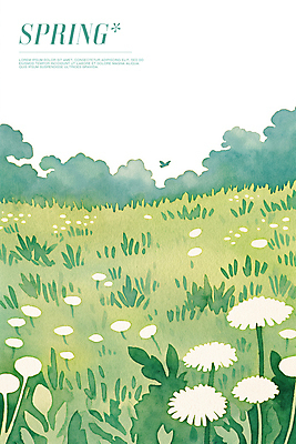 PSD 꽃밭 일러스트 조류 초원 사람없음 연두색 봄풍경 풀잎 민들레홀씨 국내일러스트 동물 꽃 잎 풍경 초록색 봄 풀_식물 민들레 파일형식