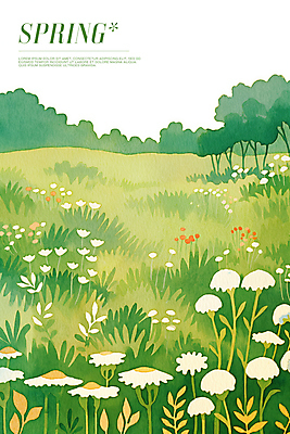 PSD 꽃밭 일러스트 초원 사람없음 연두색 봄풍경 풀잎 데이지 민들레홀씨 국내일러스트 꽃 잎 풍경 초록색 봄 풀_식물 민들레 파일형식