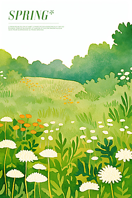 PSD 꽃밭 일러스트 초원 사람없음 연두색 봄풍경 풀잎 민들레홀씨 국내일러스트 꽃 잎 풍경 초록색 봄 풀_식물 민들레 파일형식