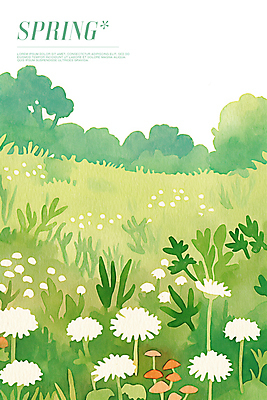 PSD 꽃밭 일러스트 초원 사람없음 연두색 봄풍경 풀잎 민들레홀씨 국내일러스트 꽃 잎 풍경 초록색 봄 풀_식물 민들레 파일형식