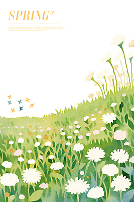 PSD 꽃밭 일러스트 초원 사람없음 연두색 봄풍경 풀잎 민들레홀씨 새떼 국내일러스트 꽃 잎 조류 풍경 초록색 봄 풀_식물 민들레 파일형식