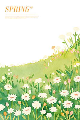 PSD 꽃밭 일러스트 초원 사람없음 연두색 봄풍경 풀잎 민들레홀씨 국내일러스트 꽃 잎 풍경 초록색 봄 풀_식물 민들레 파일형식