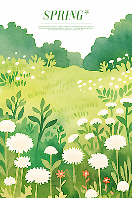 PSD 꽃밭 일러스트 초원 사람없음 연두색 봄풍경 풀잎 민들레홀씨 국내일러스트 꽃 잎 풍경 초록색 봄 풀_식물 민들레 파일형식