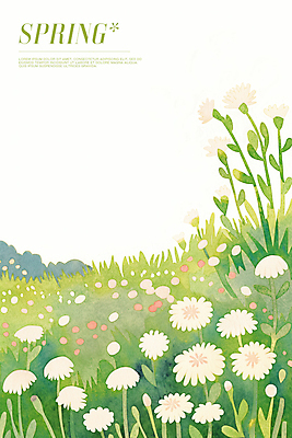 PSD 꽃밭 일러스트 초원 사람없음 연두색 봄풍경 풀잎 민들레홀씨 국내일러스트 꽃 잎 풍경 초록색 봄 풀_식물 민들레 파일형식