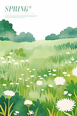 PSD 꽃밭 일러스트 초원 사람없음 연두색 봄풍경 풀잎 민들레홀씨 국내일러스트 꽃 잎 풍경 초록색 봄 풀_식물 민들레 파일형식