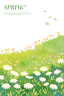 PSD 꽃밭 일러스트 초원 사람없음 연두색 봄풍경 풀잎 민들레홀씨 새떼 국내일러스트 꽃 잎 조류 풍경 초록색 봄 풀_식물 민들레 파일형식